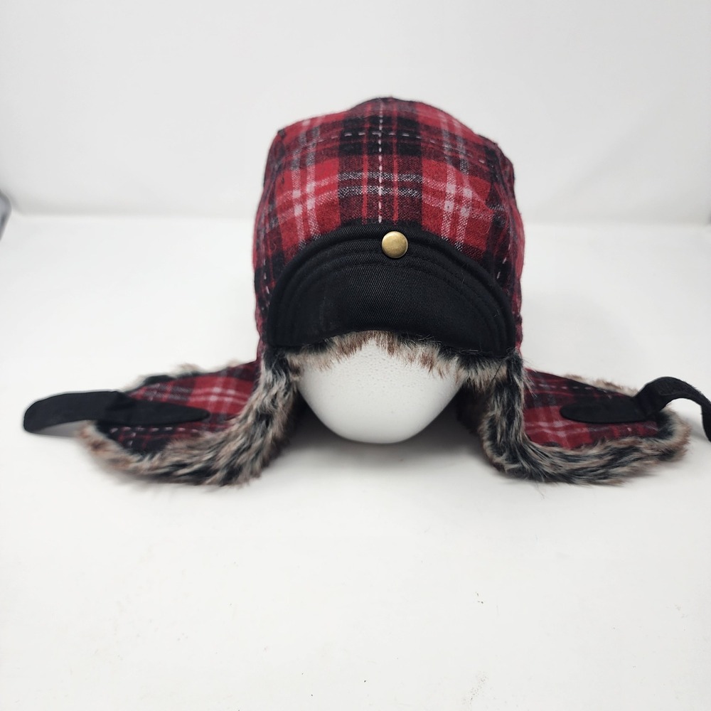 HYP Trapper Hat OSFA Red Plaid Faux Fur Ear Flap Cotton Trooper Cap Black Red